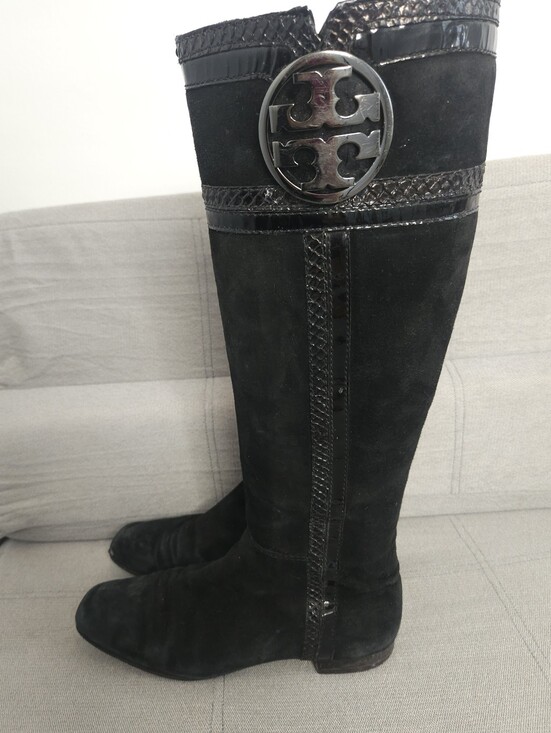Tory Burch Shoes - Tory Burch Black Suede Knee-High Boots with Logo Medallion
